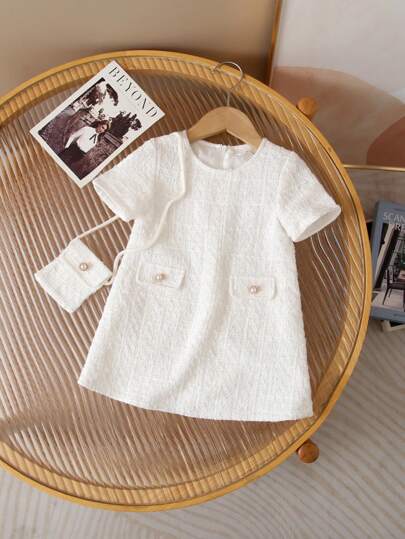 فساتين بيبي طقم فستان بقصة قصيرة ونسيج تويد جميل للبنات الرضع وحقيبة كروسبودي، صيفي