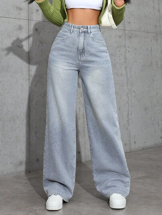 EZwear بنطلون جينز نسائي بساق عريضة مرن مع جيوب، كاجول
