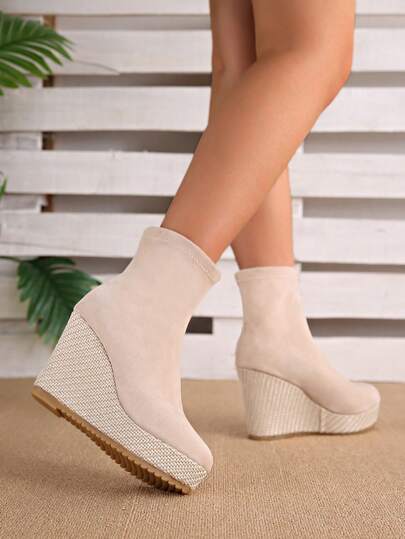 بوت أنيق للسيدات بنعل منسوج وحزام مرن، 1 زوج ، شتاء