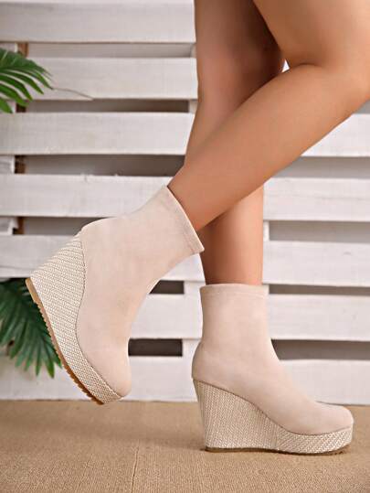 بوت أنيق للسيدات بنعل منسوج وحزام مرن، 1 زوج ، شتاء