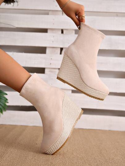 بوت أنيق للسيدات بنعل منسوج وحزام مرن، 1 زوج ، شتاء
