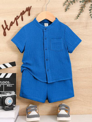 طقم قميص أزرق أمامي ذو أزرار وشورت ملون للأطفال الرضع، مجموعة مكونة من 2 قطعة