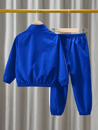 ملابس رياضية أطفال طقم كاجوال للأولاد الصغار، يشمل: جاكيت كم طويل بياقة عالية مزين بأشرطة، وبنطال بخصر مطاطي معزز بالقماش الحراري المبطن سميك القماش، 2 قطع