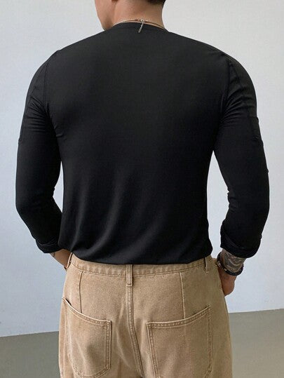 DAZY تي شيرت رجالي أكمام طويلة بياقة طاقم بلون أحادي ضيق القصة, خريف