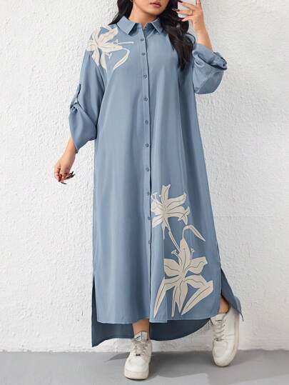 Mulvari فستان قميص كاجوال أحادي الصدر فضفاض بأكمام بكسرات مطبوع بالأزهار مقاس كبير، ربيع/صيف