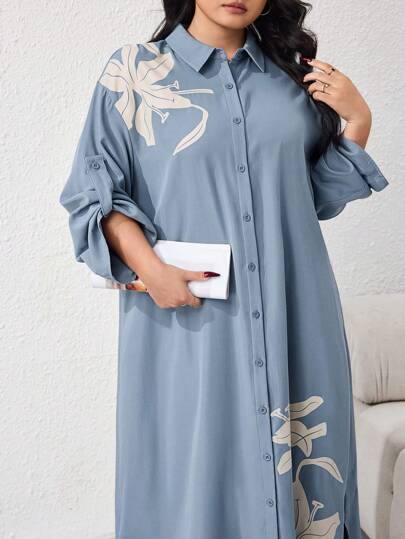 Mulvari فستان قميص كاجوال أحادي الصدر فضفاض بأكمام بكسرات مطبوع بالأزهار مقاس كبير، ربيع/صيف