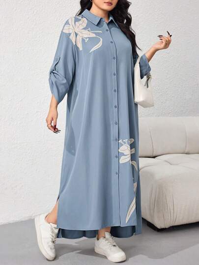 Mulvari فستان قميص كاجوال أحادي الصدر فضفاض بأكمام بكسرات مطبوع بالأزهار مقاس كبير، ربيع/صيف