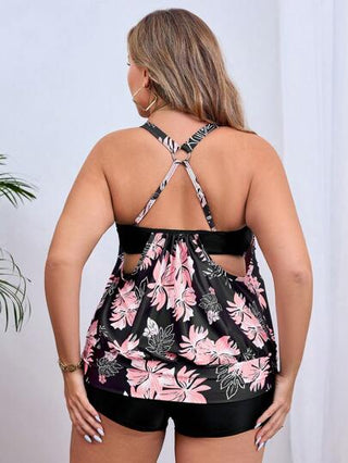 Swim Lushoire نساء مقاس كبير ملابس صيفية للشاطئ والعطلات طقم ملابس سباحة كاسوال مكون من كامي مطبوع بالورود والتانكيني للمقاسات الكبيرة