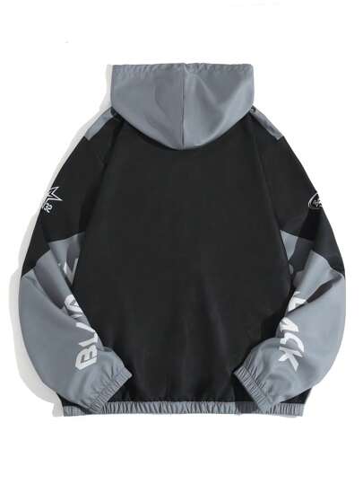 Manfinity EMRG معطف بسوستة بطبعة ألوان متباينة للرجال، جاكيت خفيف بأكمام طويلة وطباعة باللون الأسود للخروج، هدية لصديق أو زوج أو حبيب