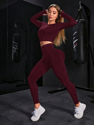 POWERISTA Powerista طقم رياضي للنساء يتكون من توب بأكمام طويلة رقبة طاقم ذو لون واحد ، وسراويل ضيقة رياضية