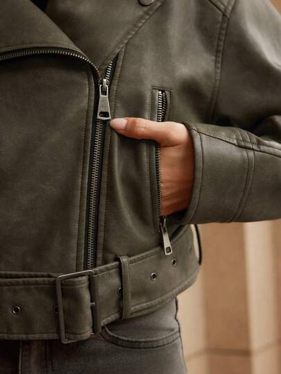 Anewsta جاكيت قصيرة من الجلد الاصطناعي للنساء مع طوق وحزام