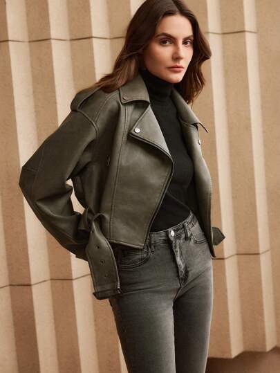 Anewsta جاكيت قصيرة من الجلد الاصطناعي للنساء مع طوق وحزام