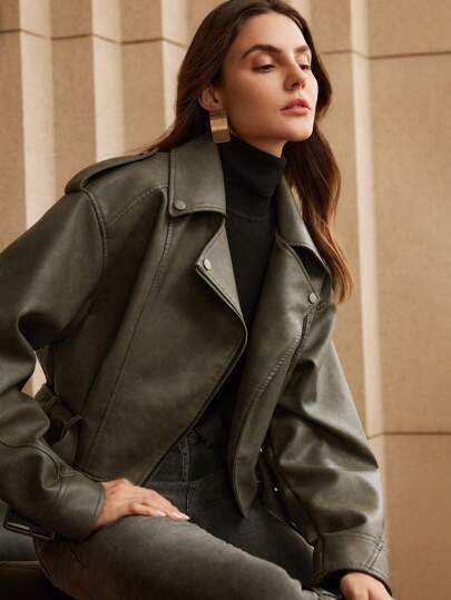 Anewsta جاكيت قصيرة من الجلد الاصطناعي للنساء مع طوق وحزام