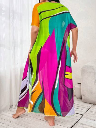 Swim Lushoire بلوزة قصيرة الأكمام كبيرة الحجم مزخرفة بالألوان للنساء، مناسبة للصيف