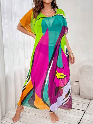 Swim Lushoire بلوزة قصيرة الأكمام كبيرة الحجم مزخرفة بالألوان للنساء، مناسبة للصيف