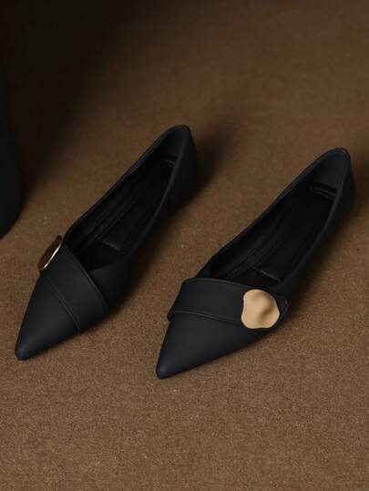 نساء لوفرز برقبة معدنية، برقبة مدببة، نعل ناعم، مخفي الكعب، متعدد الاستخدامات، جلد ناعم، سطحي، مريح، وصول جديد 2025