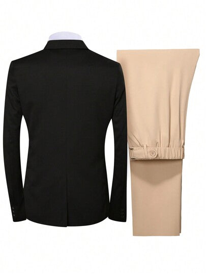 Manfinity Mode 3قطع بذلة رجالية مكونة من: جاكيت بأكمام طويلة بلون متباين + جاكيت وسط مزدوجة الصدر + بنطلون البذلة