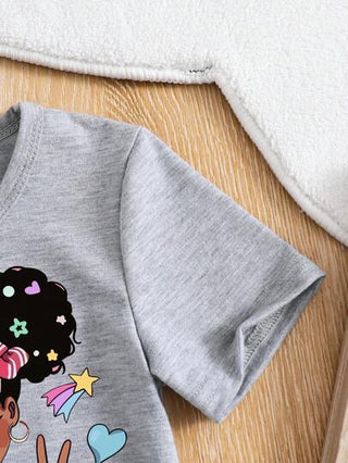 تيشيرتات بناتي تي شيرت بأكمام قصيرة وشورت جينز مطبوع برسوم رسوم متحركة فتاة صغيرة