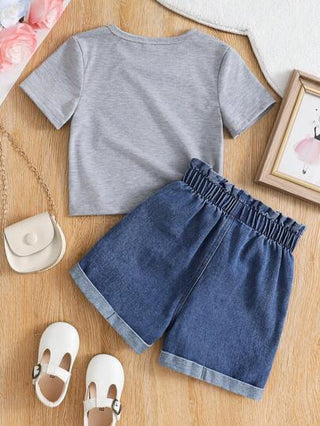 تيشيرتات بناتي تي شيرت بأكمام قصيرة وشورت جينز مطبوع برسوم رسوم متحركة فتاة صغيرة