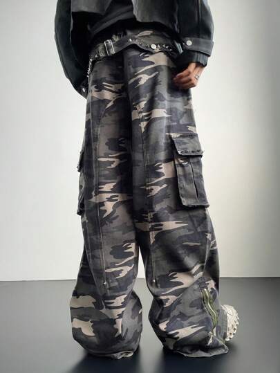 Manfinity Denimwave بنطال جينز قديم كامو بغسيل ريترو 2000 فضفاض و عملي للرجال، هدايا للزوج أو الحبيب