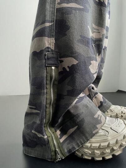 Manfinity Denimwave بنطال جينز قديم كامو بغسيل ريترو 2000 فضفاض و عملي للرجال، هدايا للزوج أو الحبيب