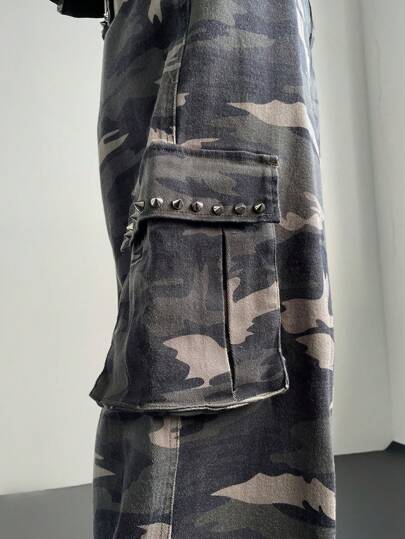 Manfinity Denimwave بنطال جينز قديم كامو بغسيل ريترو 2000 فضفاض و عملي للرجال، هدايا للزوج أو الحبيب