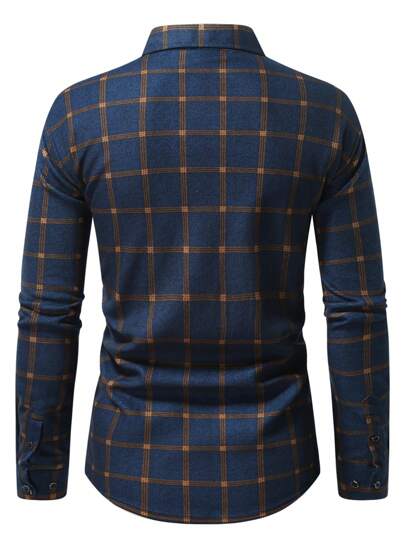 Manfinity Homme قميص رجالي للموسم الانتقالي أزرار علوية، ياقة مصمّم، كم طويل، نمط مربعات، قص نحيف، كاجوال للعمل، سميك ودافئ، مناسب للزوج والعمل وللأب