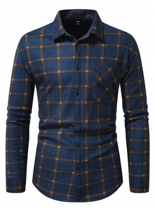 Manfinity Homme قميص رجالي للموسم الانتقالي أزرار علوية، ياقة مصمّم، كم طويل، نمط مربعات، قص نحيف، كاجوال للعمل، سميك ودافئ، مناسب للزوج والعمل وللأب