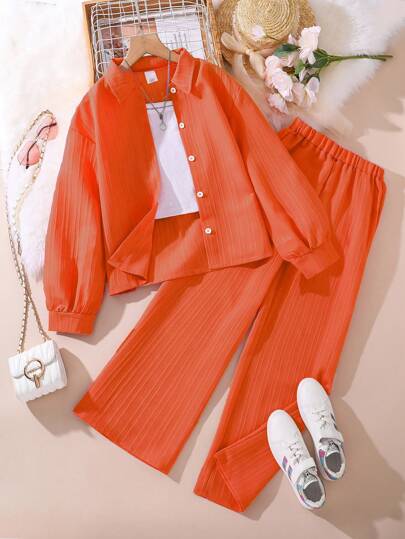 تيشيرتات بناتي مجموعة بنطال وبلوزة تويين بياقة طويلة الأكمام للبنات الجديدة للخريف 2قطعة