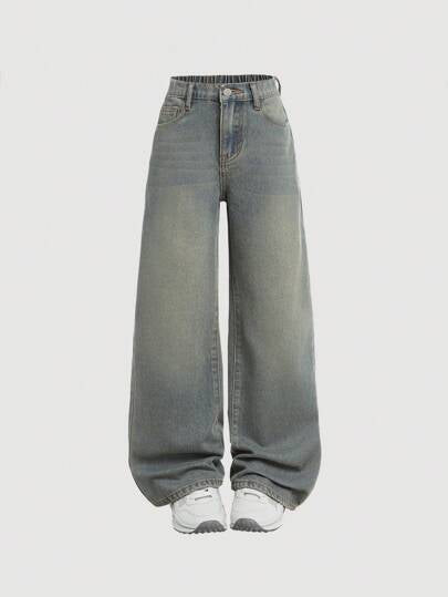 SHEIN Girlism بنطال جينز مغسول بتصميم قطة ذو خصر عالٍ من فتيات المراهقات مقطع بسيط ومنتفخ, ملابس خريف وشتاء للفتيات المراهقات موديلات شوارع للعودة إلى المدرسة