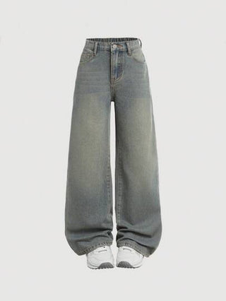 SHEIN Girlism بنطال جينز مغسول بتصميم قطة ذو خصر عالٍ من فتيات المراهقات مقطع بسيط ومنتفخ, ملابس خريف وشتاء للفتيات المراهقات موديلات شوارع للعودة إلى المدرسة