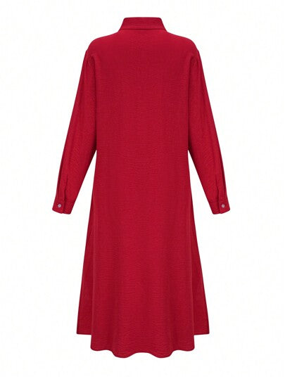 فستان قميص أنيق طويل الأكمام أحادي الصدر منسدل بلون سادة للسيدات