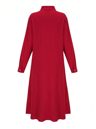 فستان قميص أنيق طويل الأكمام أحادي الصدر منسدل بلون سادة للسيدات