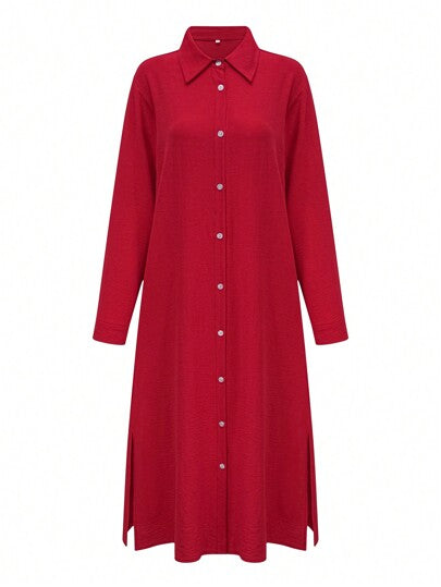 فستان قميص أنيق طويل الأكمام أحادي الصدر منسدل بلون سادة للسيدات