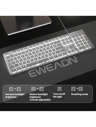 لوحة مفاتيح ألعاب سلكية مع إضاءة LED خلفية، لوحة مفاتيح مكتبية صامتة بحجم كامل باللون الأبيض، تصميم إرجونومي محمول وجد، متوافق مع أجهزة الكمبيوتر والأجهزة المحمولة والأجهزة الطرفية، مناسب لمحترفي الرياضات الإلكترونية والطلاب والمكاتب