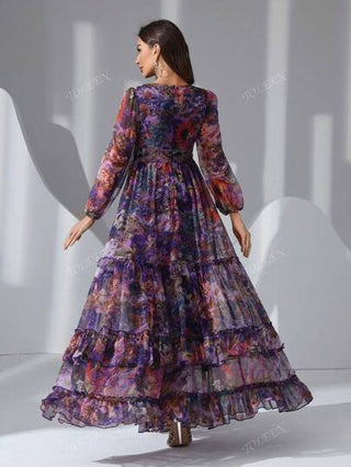 فستان صيفي طويل بأكمام طويلة، طبعات زهرية قديمة، مفصل بكشكشة وريش بساق كشكشي، وياقة صدر وزيبر، أرجواني اللون مع أكمام واسعة ذات طبعات نباتية وزهرية كاملة للسيدات، للاستخدام اليومي الكاجوال في الربيع والخريف