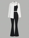 SHEIN Essnce طقم رياضي نسائي كاجوال أساسي خفيف 3 قطع/طقم، ملابس علوية أسود مقاس ضيق وبأربطة مع بنطلون أسود مقاس ضيق وواسع وبلوزة بيضاء بأكمام طويلة، ملابس نسائية مجموعة تمرين خريف 3 قطع/طقم