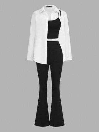 SHEIN Essnce طقم رياضي نسائي كاجوال أساسي خفيف 3 قطع/طقم، ملابس علوية أسود مقاس ضيق وبأربطة مع بنطلون أسود مقاس ضيق وواسع وبلوزة بيضاء بأكمام طويلة، ملابس نسائية مجموعة تمرين خريف 3 قطع/طقم