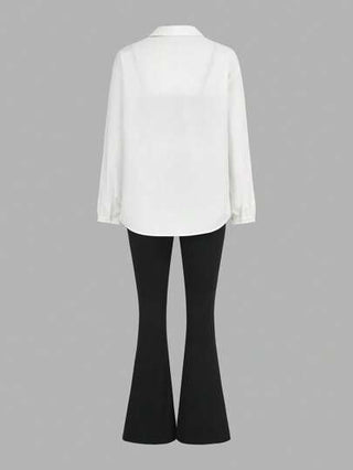 SHEIN Essnce طقم رياضي نسائي كاجوال أساسي خفيف 3 قطع/طقم، ملابس علوية أسود مقاس ضيق وبأربطة مع بنطلون أسود مقاس ضيق وواسع وبلوزة بيضاء بأكمام طويلة، ملابس نسائية مجموعة تمرين خريف 3 قطع/طقم