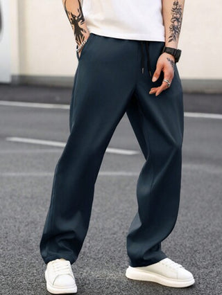 Manfinity Homme بنطلون رجالي أساسي بخصر رباط مستقيم فضفاض عادي