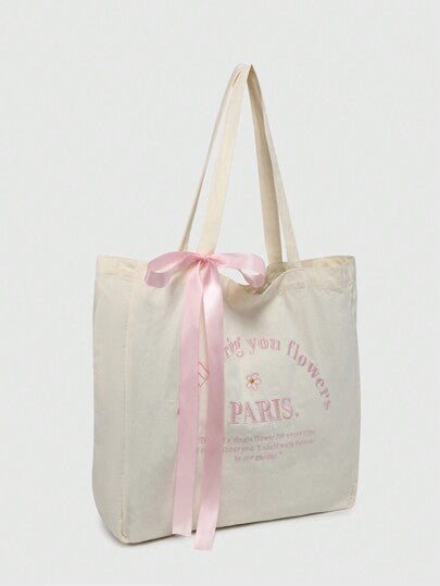 ROMWE Kawaii حقيبة تسوق كبيرة السعة مناسبة للتسوق والمدرسة، مزينة بفيونكة مطرزة بشعار عتيق للنساء