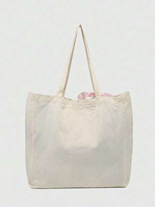 ROMWE Kawaii حقيبة تسوق كبيرة السعة مناسبة للتسوق والمدرسة، مزينة بفيونكة مطرزة بشعار عتيق للنساء