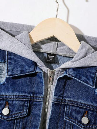 SHEIN جاكيت جينز ذات قالب واحد مطعمة بالممزق وزاوية خام للأولاد المراهقين