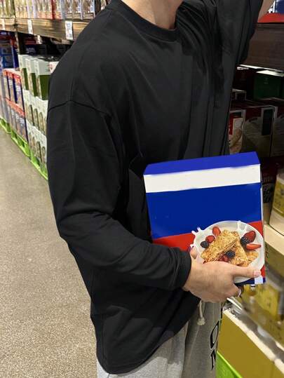 DAZY تي شيرت كاجوال بأكمام طويلة وياقة دائرية قصة فضفاضة للرجال باللون الأسود سادة