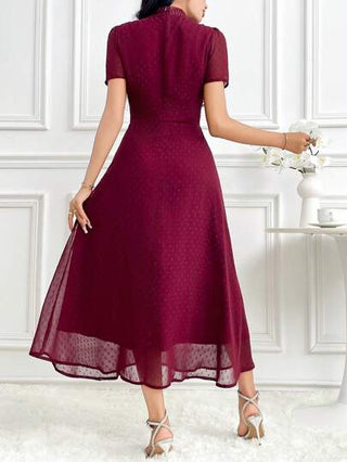 Modelyn فستان سهرة طويل للنساء بلون أحمر بورجوندي مصنوع من الشبك والدانتيل بأكمام قصيرة