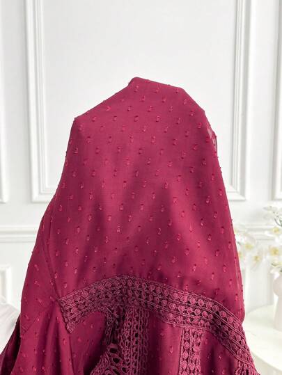 Modelyn فستان سهرة طويل للنساء بلون أحمر بورجوندي مصنوع من الشبك والدانتيل بأكمام قصيرة