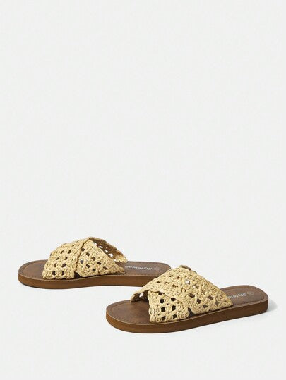 Styleloop صنادل شريط مضفر عاكسة للأمام شرائط للنساء بمظهر عصري للصيف ، أحذية عطلة صيفية، إحساس البوهيمي الرومانسي القديم لأسلوب الضيعة الفرنسي ، أحذية لعطلة عيد الميلاد والخريف ورأس السنةرمضان