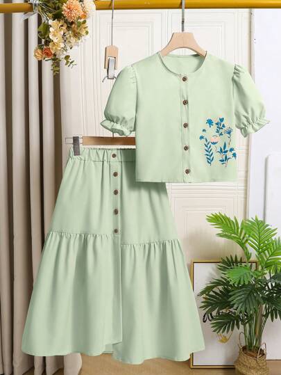 تيشيرتات بناتي طقم ملابس علوية أكمام قصيرة بأزرار وياقة طاقم وتنورة خط A بحافة منبثرة قطعتين للفتيات المراهقات