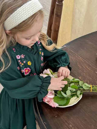 فستان أطفال فستان شيفون مطرز مزخرف بأكمام منتفخة للفتاة الشابة من ماركة LMoss باللون الأخضر