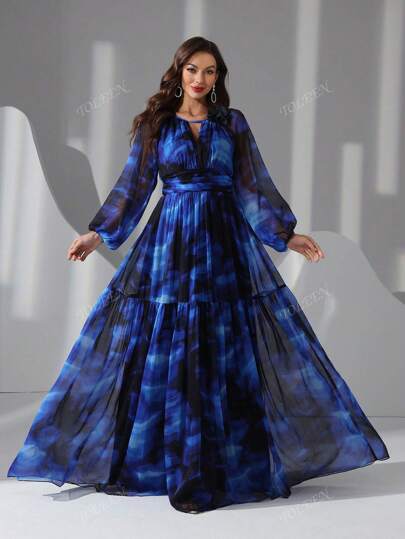 فستان أنيق بأكمام فوانيس بنقشة صبغ التعادل للنساء